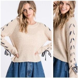 Litz oatmeal cream laced ribbons and bows long sleeve oversized sweater size S/M